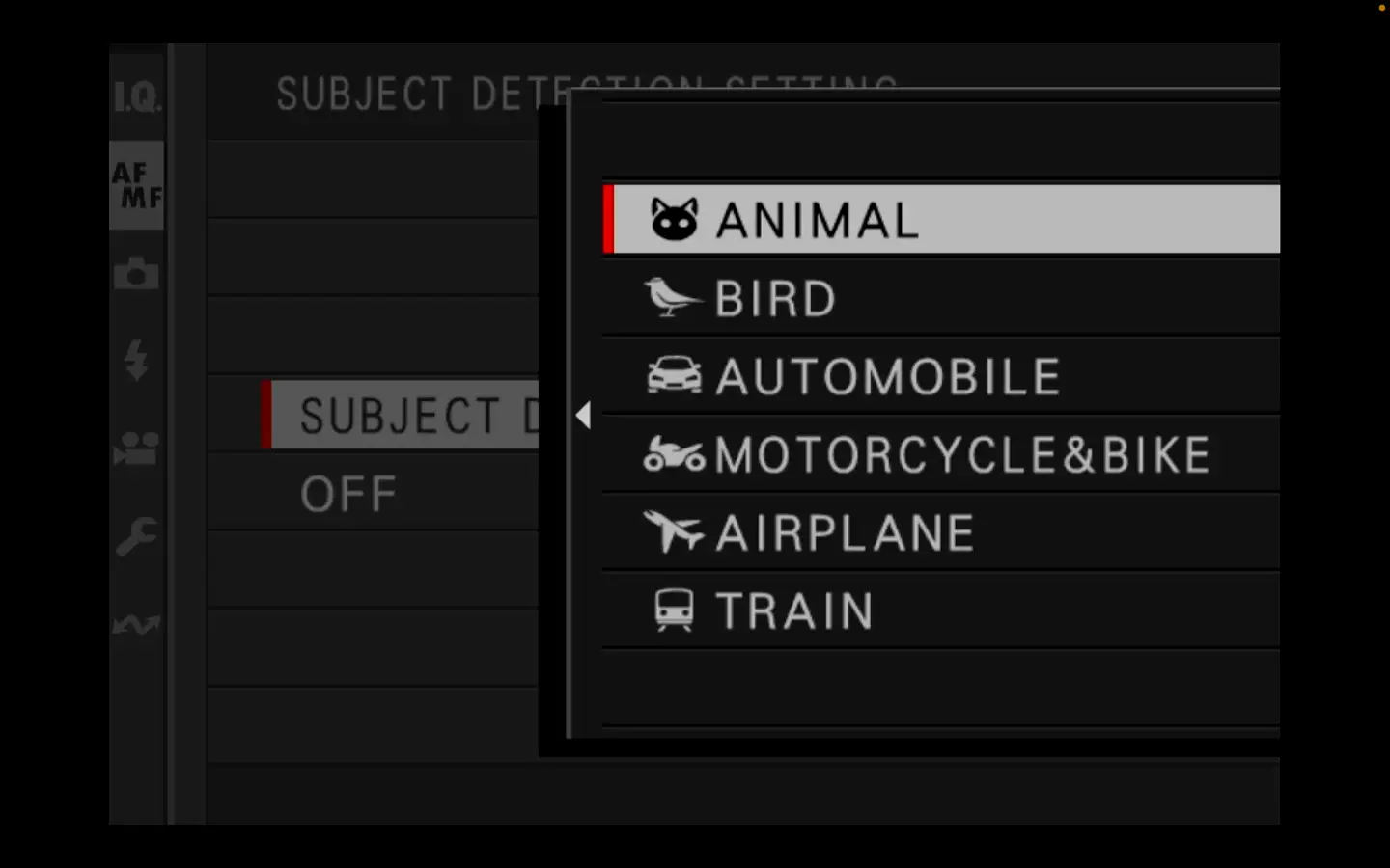 Subject Detection Menu, Fujifilm X-H2S