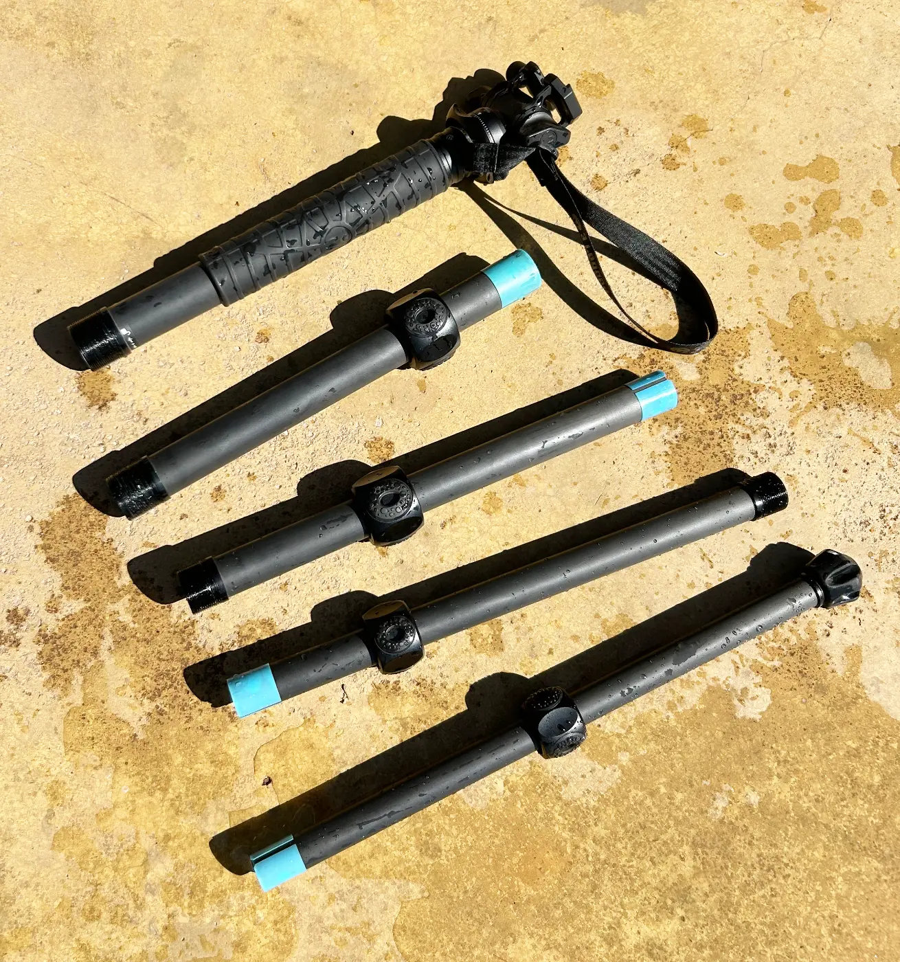 Disassembled Three Legged Thing Alana monopod drying after cleaning.